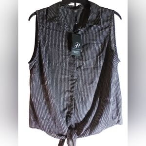 NWT Adrianna Papell Black and White Polka Dot Sleeveless Top Tie Front Size L